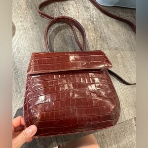 Salvatore Ferragamo Burgundy Crocodile-Embossed Shoulder Bag